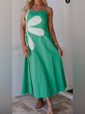 Green Maxi Dress with Floral Accent and Side Tie